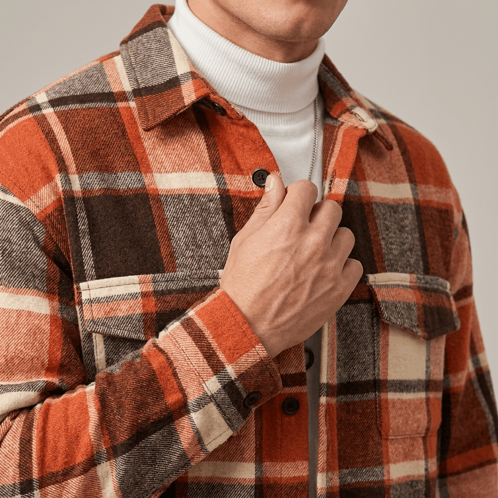 Close-up of a red, brown, and white plaid overshirt jacket showing the pointed collar, button-front closure, and textured fabric.