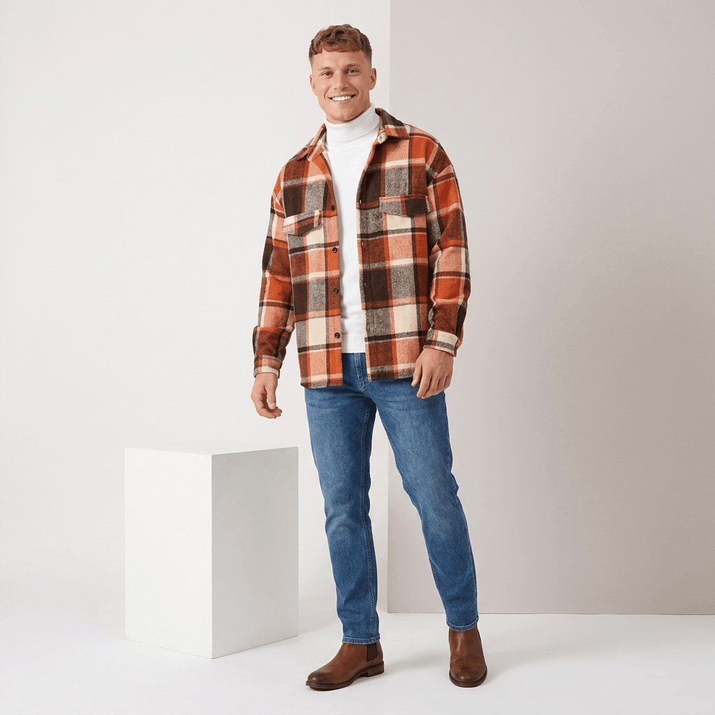 Man wearing a red, brown, and white plaid overshirt jacket with blue jeans and brown shoes in a studio setting.