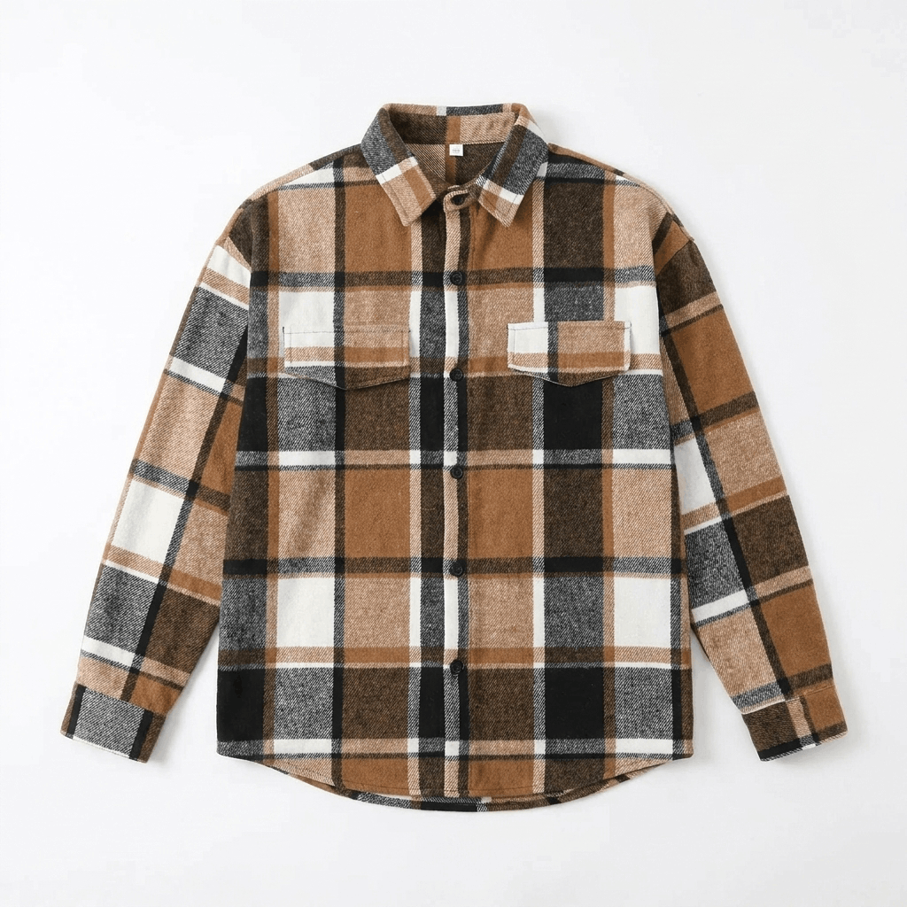 Tan, brown, and black plaid overshirt jacket displayed flat, featuring a pointed collar, button-front closure, chest pockets, and long sleeves.