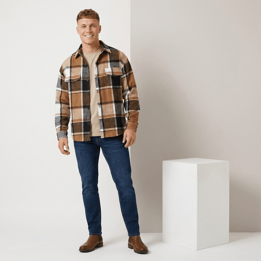 Man wearing a tan, brown, and black plaid overshirt jacket with dark trousers and brown shoes in a studio setting.