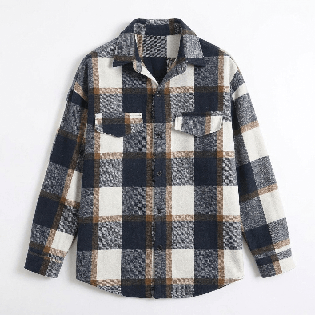 Navy, gray, and cream plaid overshirt jacket displayed flat, featuring a pointed collar, button-front closure, chest pockets, and long sleeves.