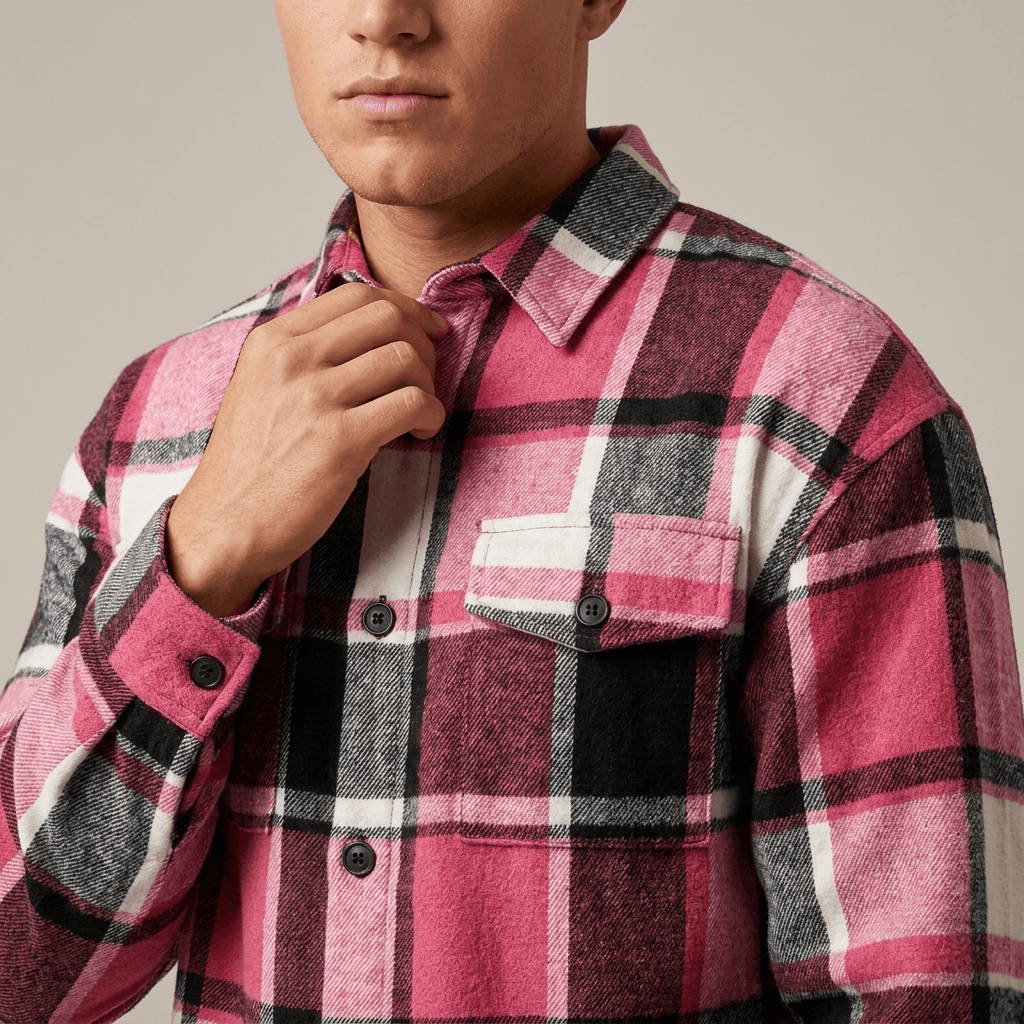 Close-up of a pink, burgundy, and white plaid overshirt jacket showing the collar, button-front closure, and textured fabric.