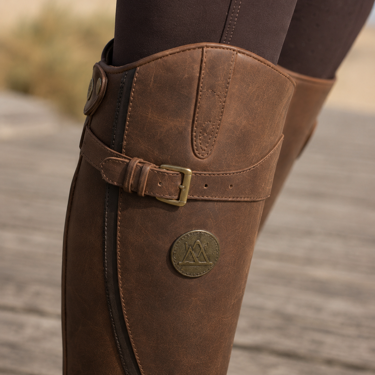 Brown smooth grain knee-high riding boots featuring an adjustable buckle calf strap and antique brass hardware.