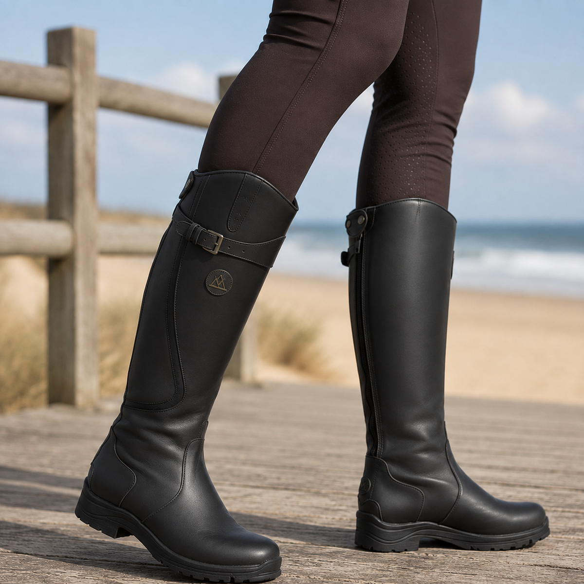 Black smooth-grain knee-high riding boots with a buckle calf strap, full-length zip, and sturdy lug tread outsole.