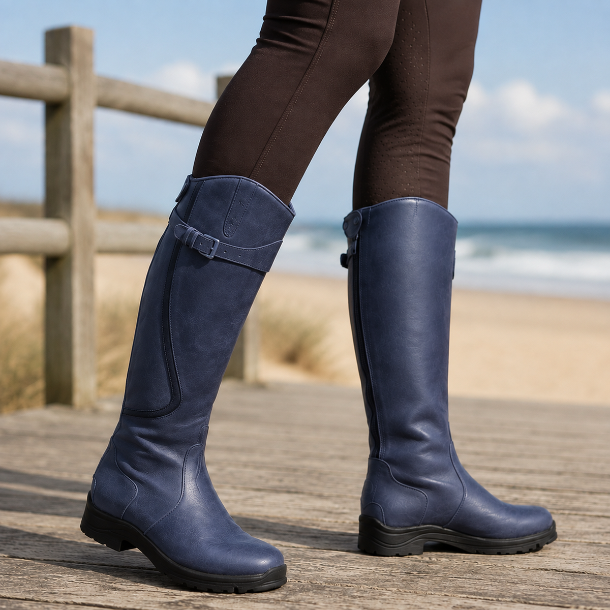 Blue smooth grain knee-high riding boots with a buckle calf strap and lug tread outsole worn over brown leggings.