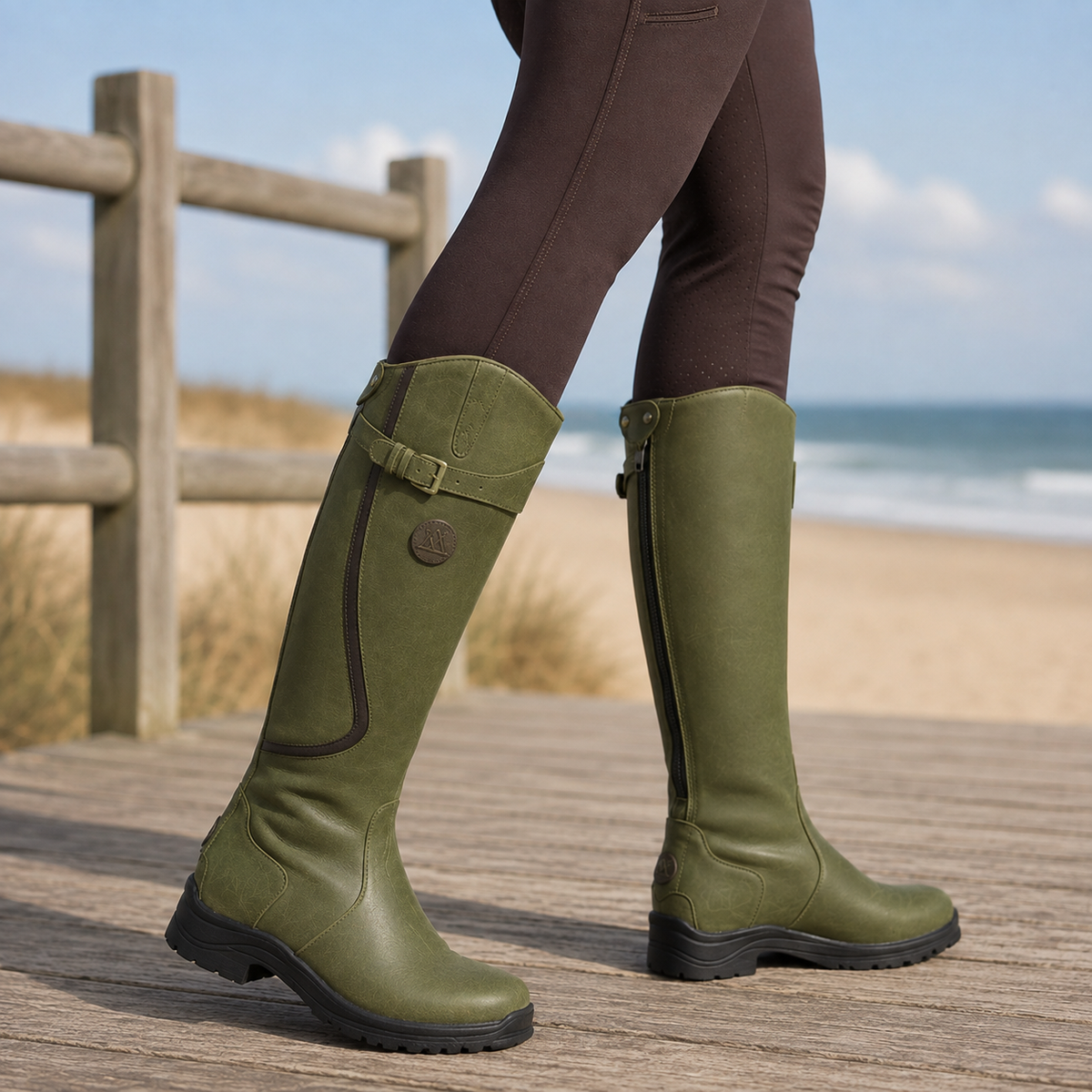 Olive green knee-high riding boots with a buckle strap, full-length side zip, and a sturdy lug tread sole on a wooden boardwalk.
