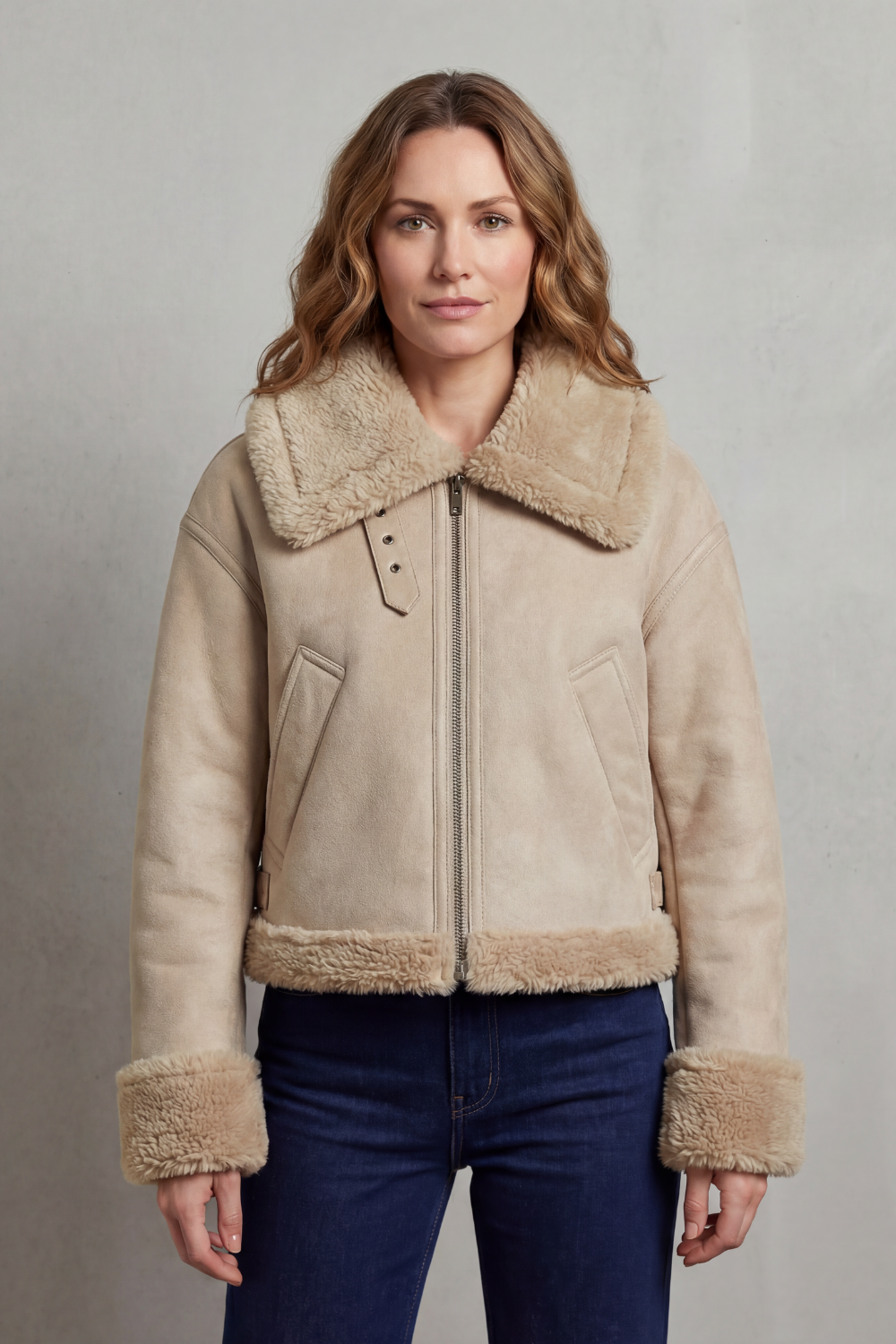 A woman wearing the beige reverse side of a cropped reversible fleece aviator jacket with a plush shearling collar
