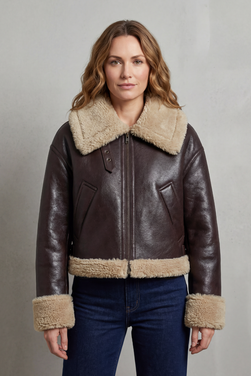 A woman wearing a cropped fleece aviator jacket with a plush shearling collar, cuffs, and waistband, front view