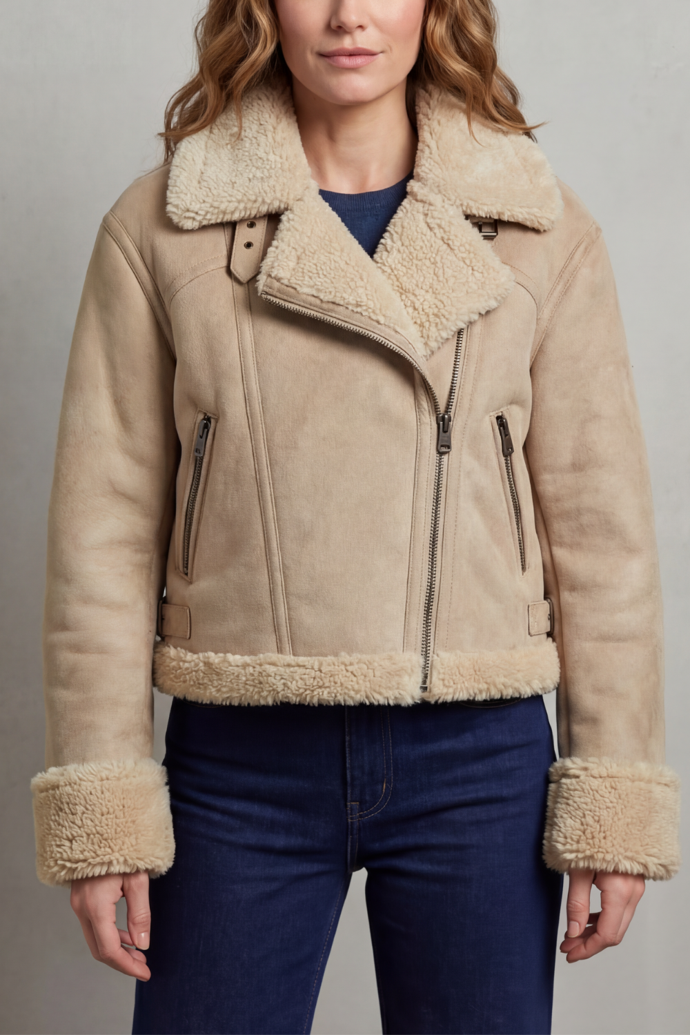 A woman wearing the beige reverse side of a cropped reversible fleece aviator jacket with a structured collar