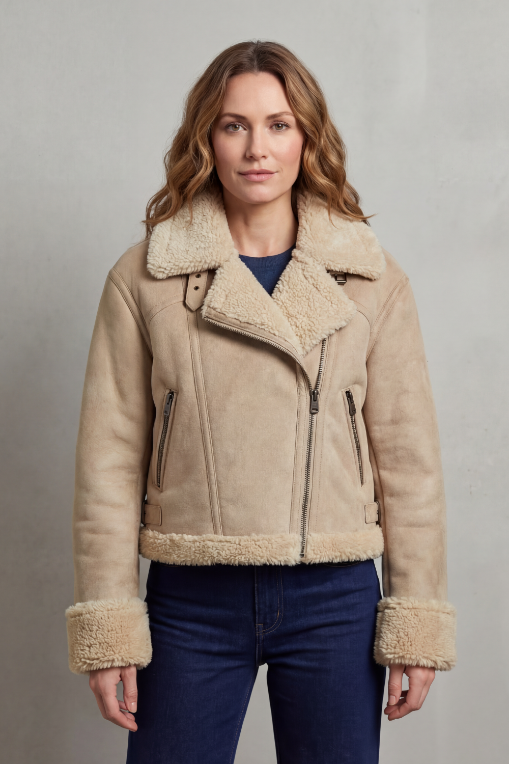 A woman wearing the beige reverse side of a cropped reversible fleece aviator jacket with a plush collar