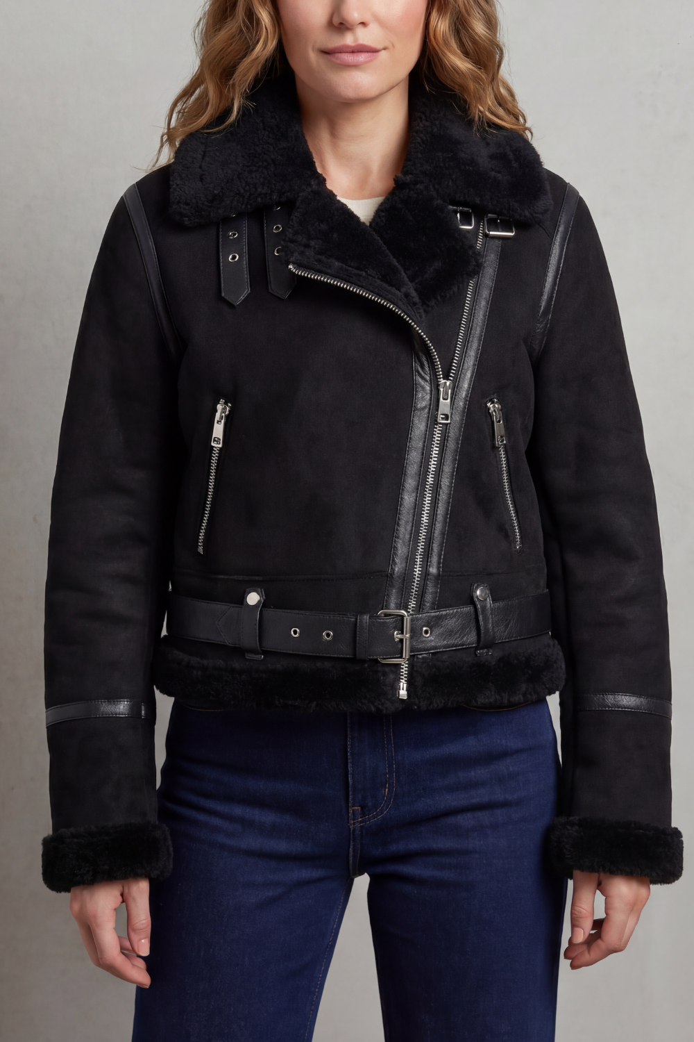 A woman wearing the black side of a cropped reversible fleece aviator jacket with a zip front and plush collar