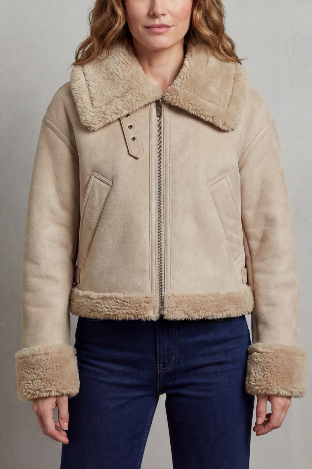 A woman wearing the beige reverse side of a cropped reversible fleece aviator jacket with a plush collar