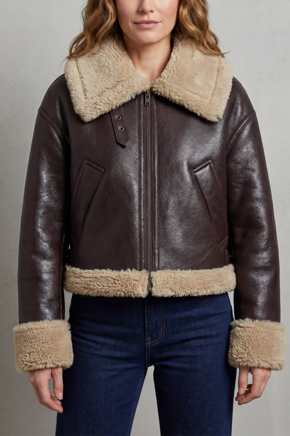 A woman wearing a cropped fleece aviator jacket with a plush shearling collar, cuffs, and waistband