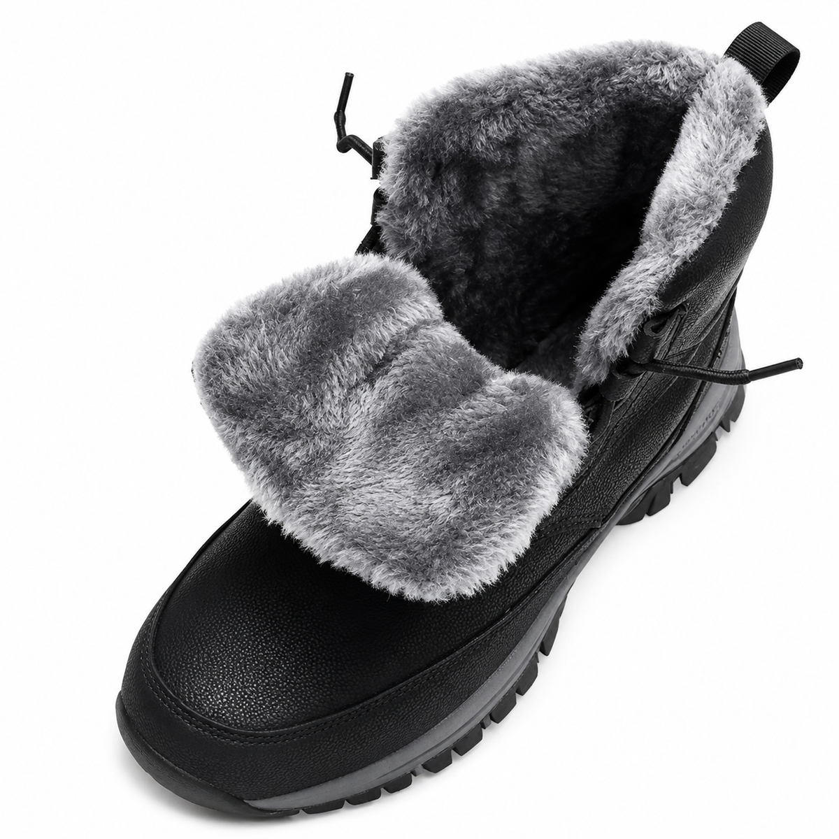 Close-up of a black fleece-lined high-top winter boot showing the plush interior lining and lace-up design