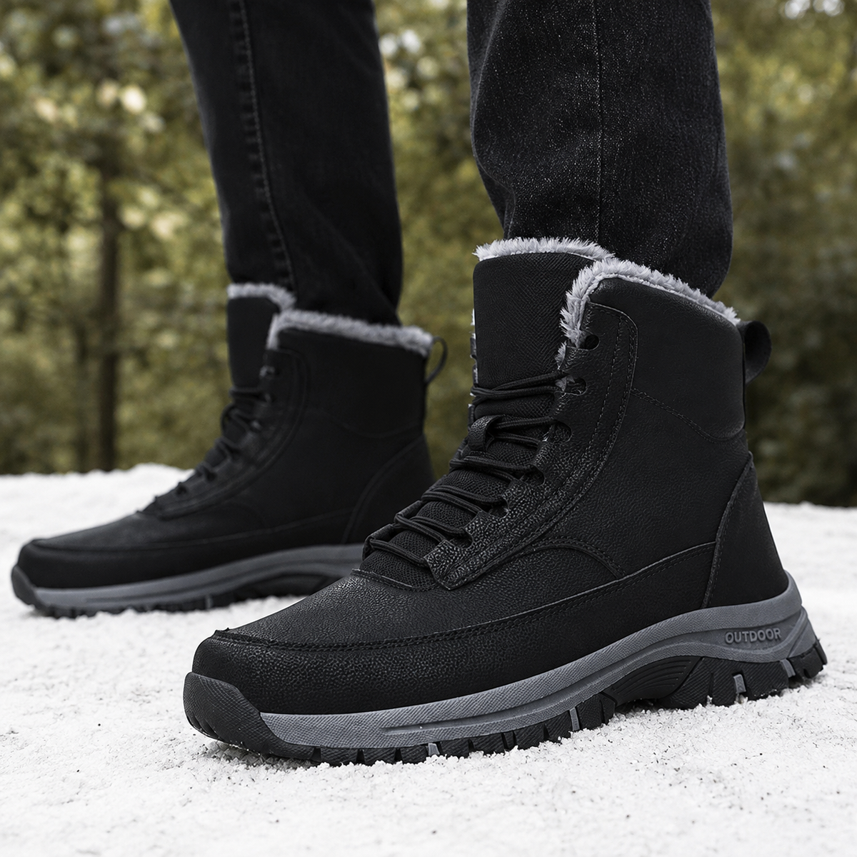 Pair of black fleece-lined high-top winter boots with water-repellent uppers and rugged lug soles