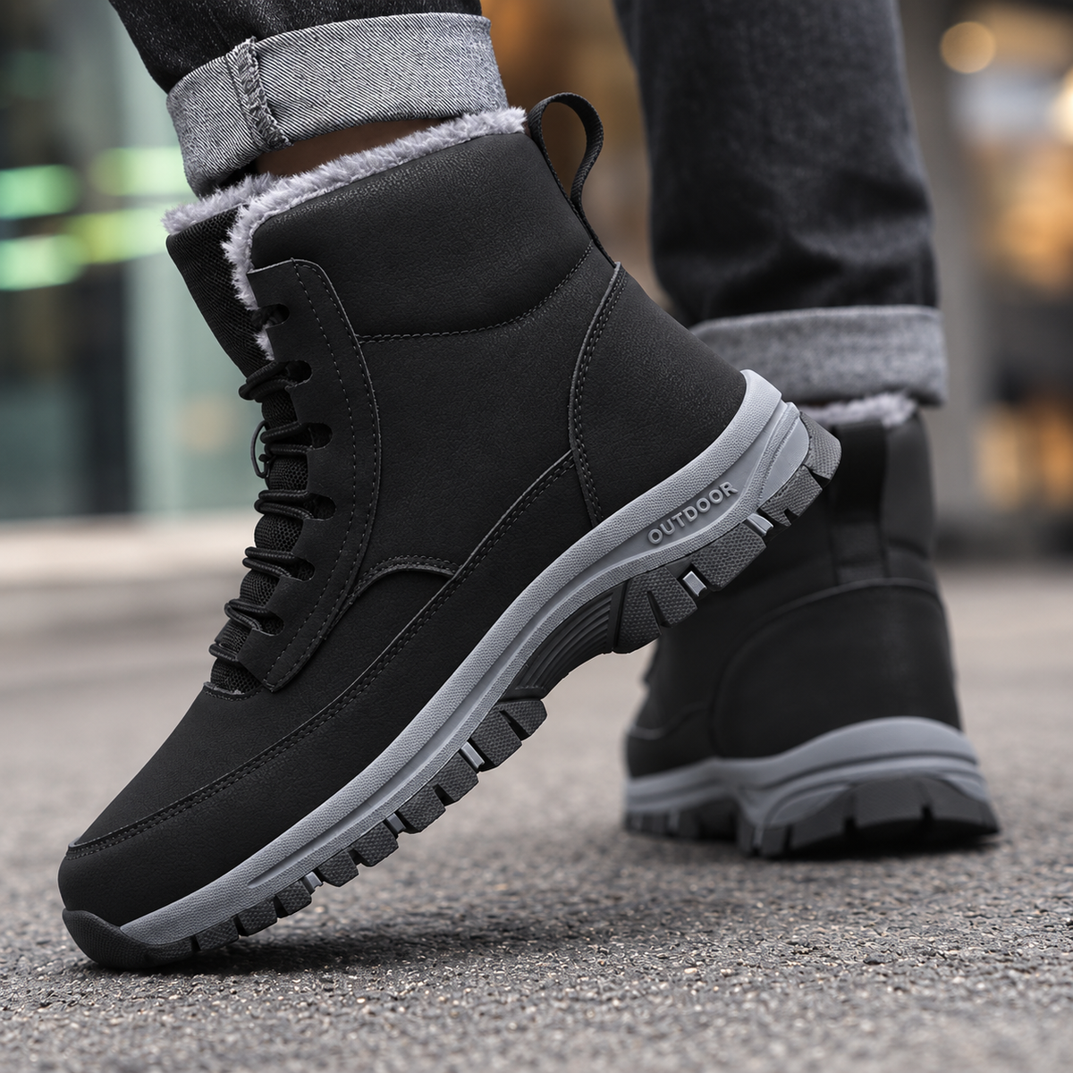 A person wearing black fleece-lined high-top winter boots with water-repellent uppers and lug soles