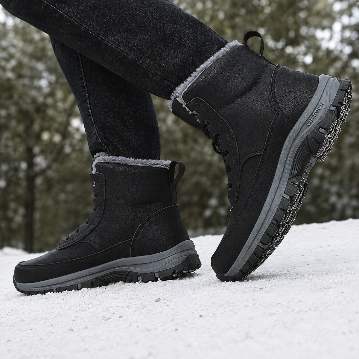 Black fleece-lined high-top winter boots with water-repellent uppers and rugged lug soles, shown from the side