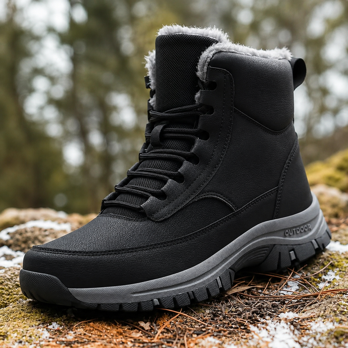 Black fleece-lined high-top winter boot with a water-repellent upper and rugged lug sole, shown outdoors