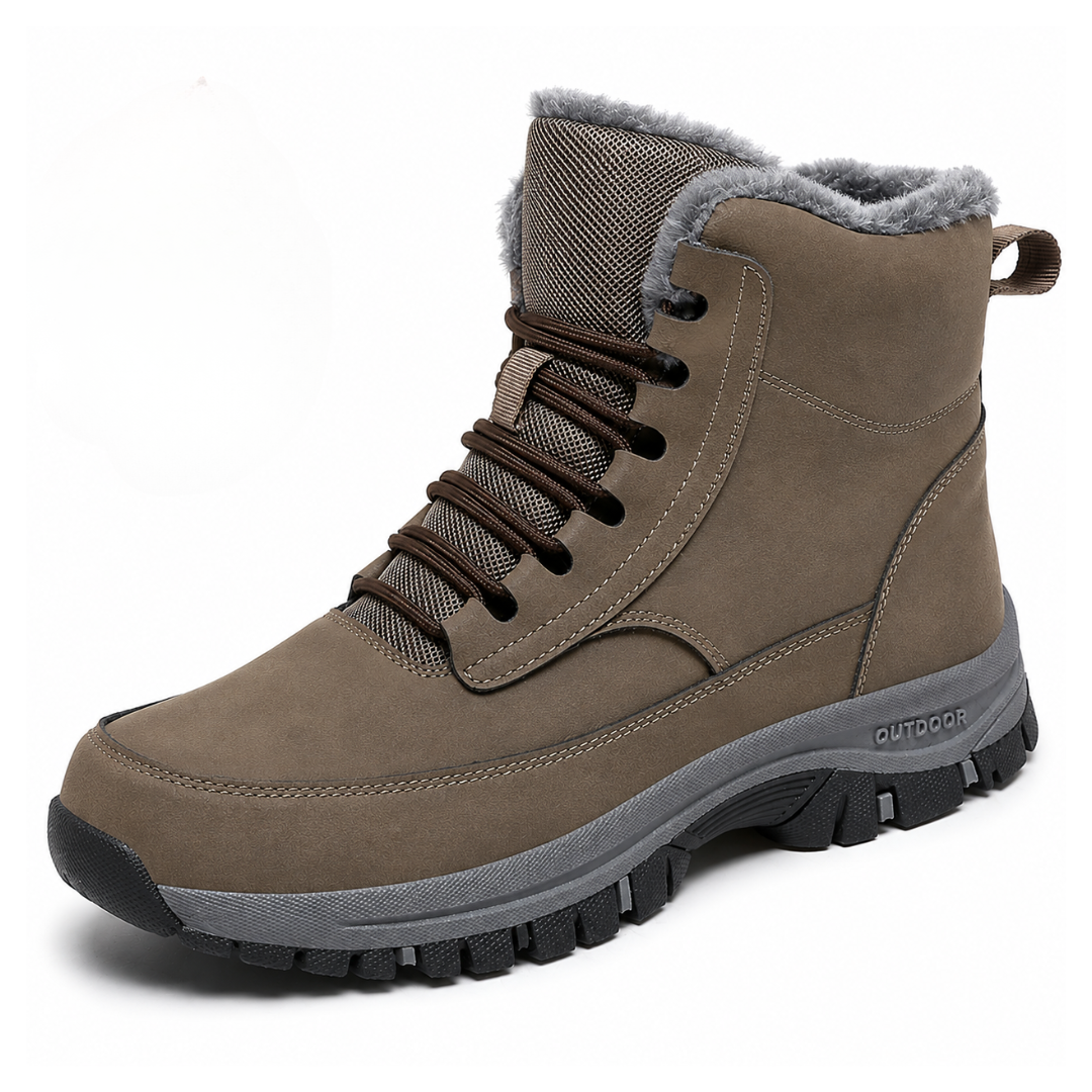 Brown fleece-lined high-top winter boot with a water-repellent upper, lace-up front, and rugged lug sole