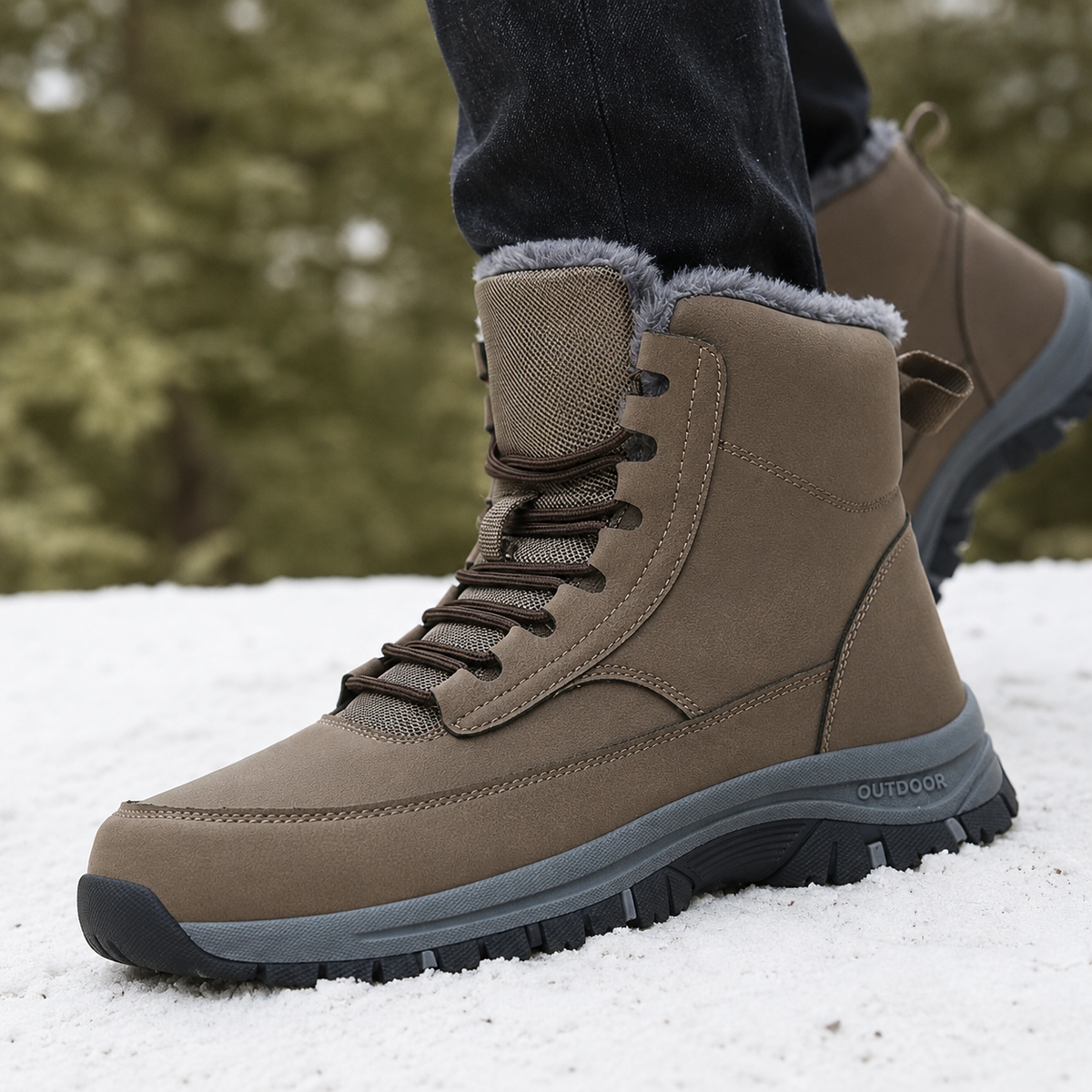 A person wearing brown fleece-lined high-top winter boots with water-repellent uppers and rugged lug soles