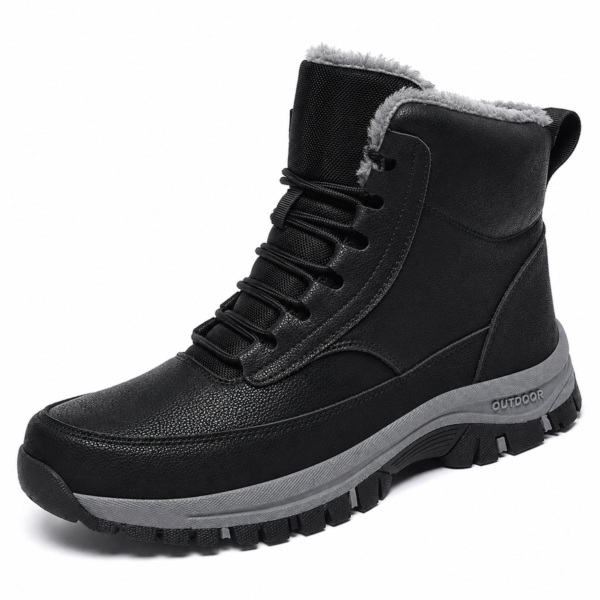 A black fleece-lined high-top winter boot with a water-repellent upper, lace-up front, and rugged lug sole
