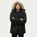 Black fleece-lined hooded parka with sherpa-trim hood worn by a male model