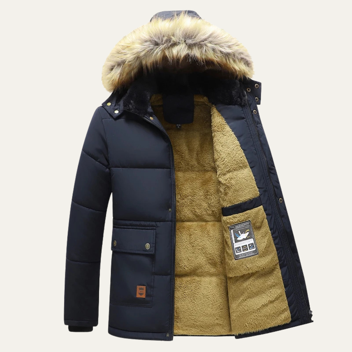 Black fleece-lined hooded parka with sherpa-trim hood showing the front and interior lining