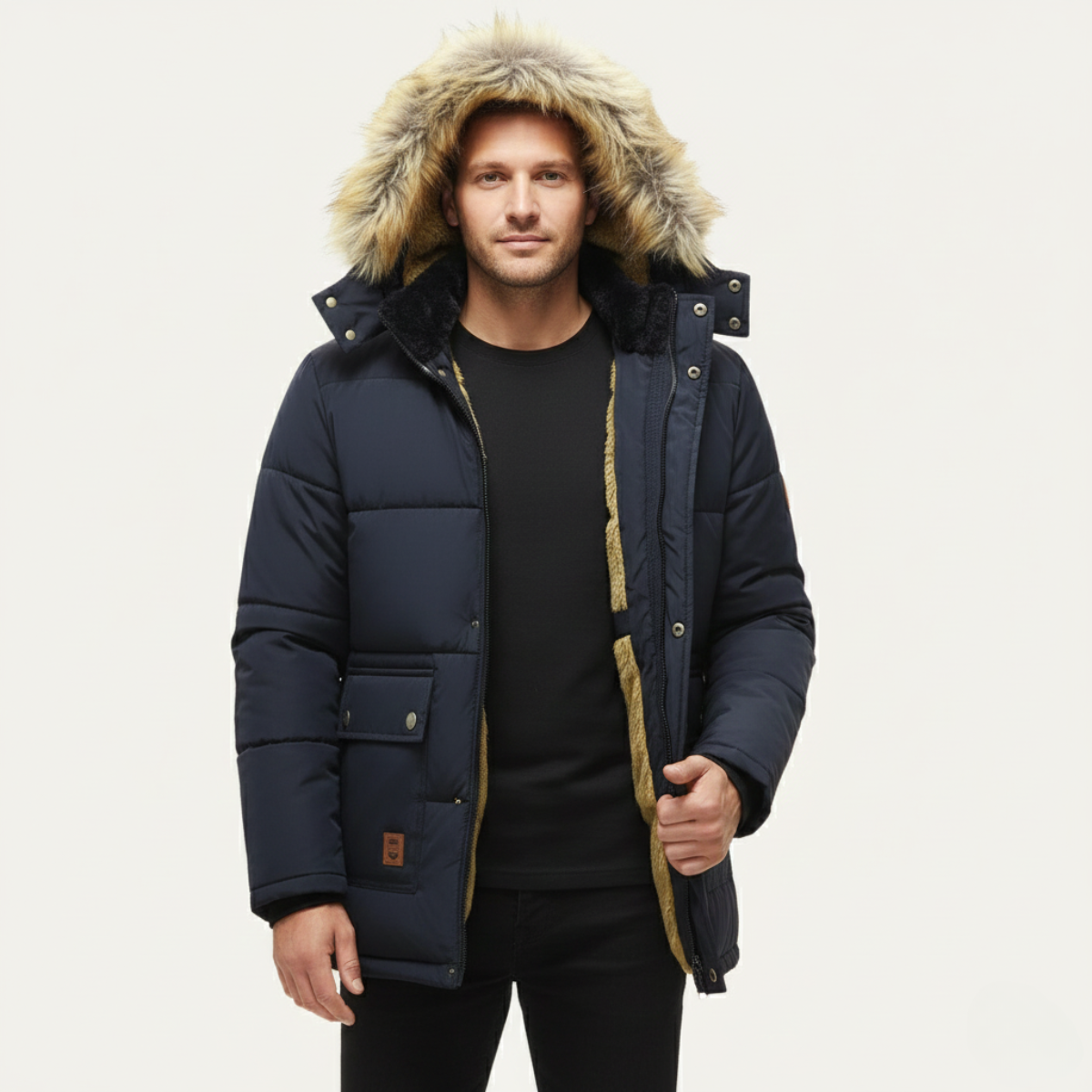 Black fleece-lined hooded parka with sherpa-trim hood worn by a male model