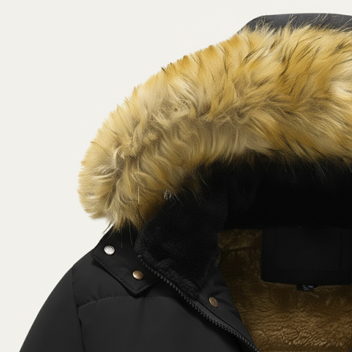 Close-up of the sherpa-trim hood and fleece-lined interior of the black parka