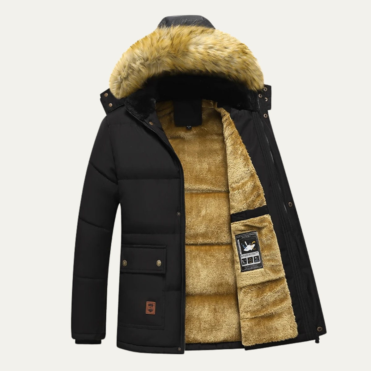 Black fleece-lined hooded parka with sherpa-trim hood shown from the front