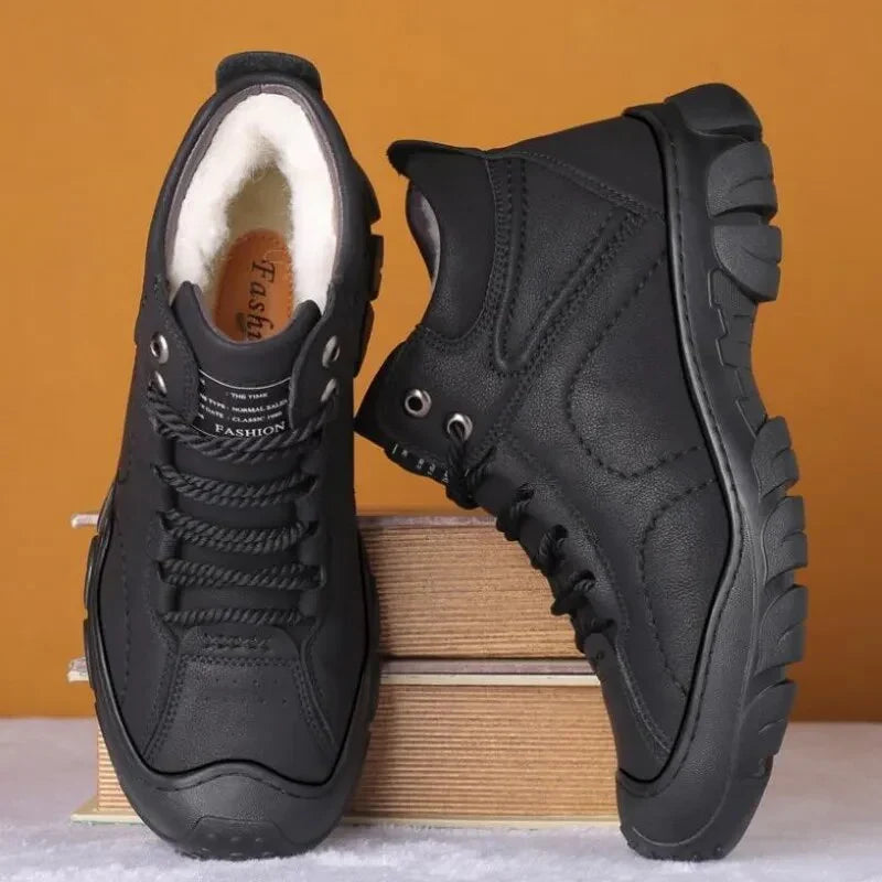 Black fleece-lined lace-up winter boots with rugged lug soles shown from multiple angles