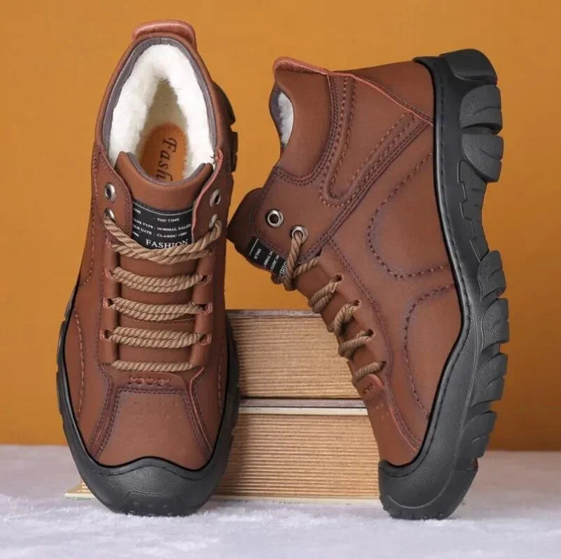 Brown fleece-lined lace-up winter boots with rugged lug soles shown from multiple angles