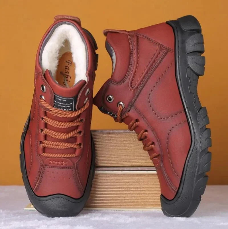 Red fleece-lined lace-up winter boots with rugged lug soles shown from multiple angles