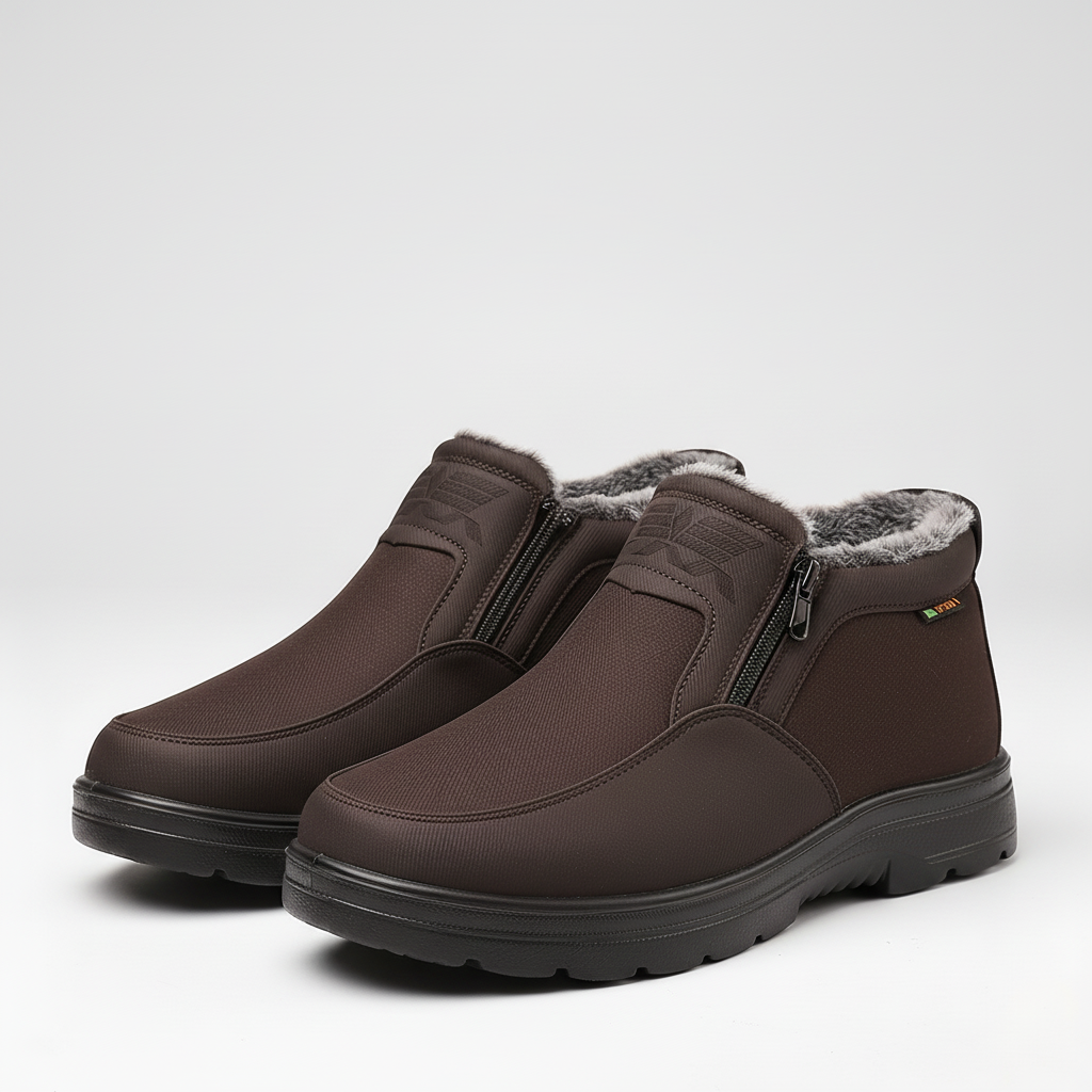 Brown fleece-lined snow boots with a side zip and slip-resistant sole, shown as a pair