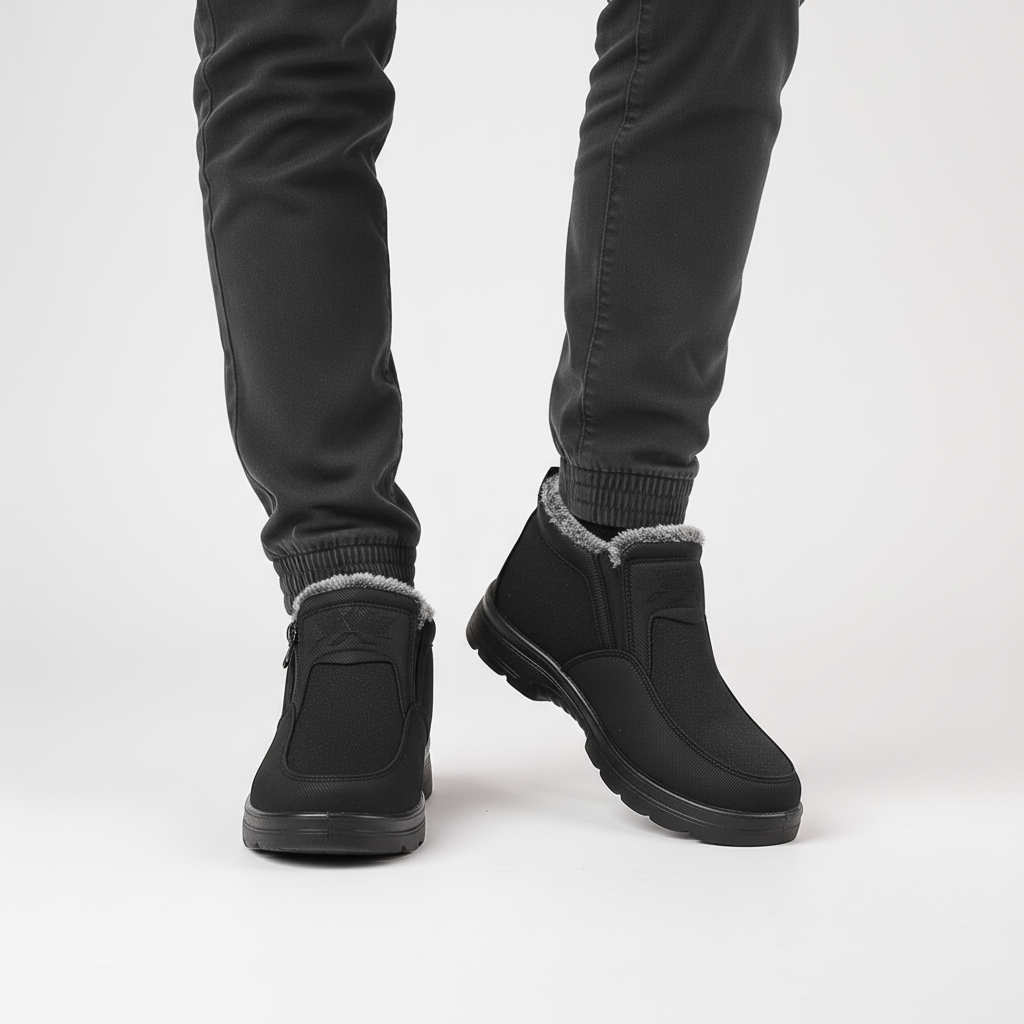 A person wearing black fleece-lined snow boots with a side zip and slip-resistant sole