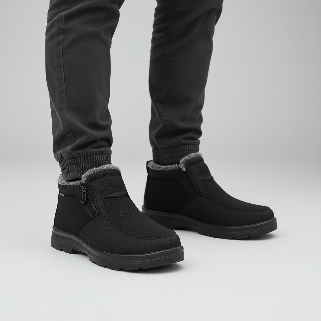 Black fleece-lined snow boots with a side zip and slip-resistant sole, shown on feet