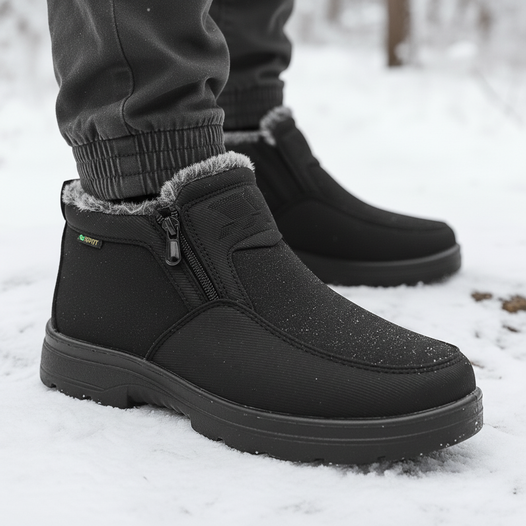 Close-up of black fleece-lined snow boots showing the plush lining, side zip, and rugged sole