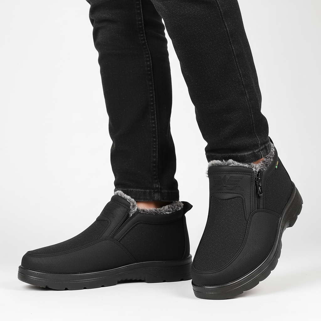 Black fleece-lined snow boots with a side zip and slip-resistant sole, side view
