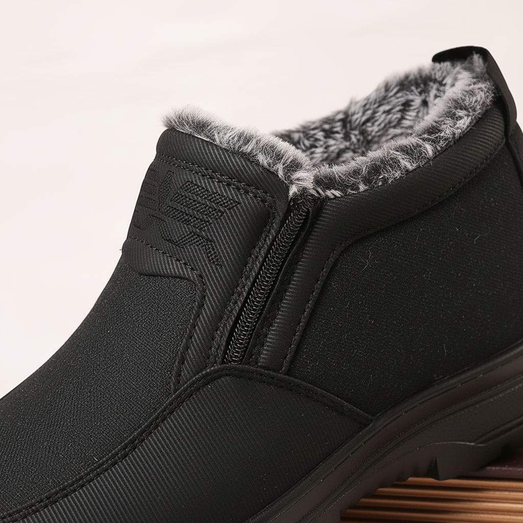Close-up of a black fleece-lined snow boot showing the plush interior lining and side zip