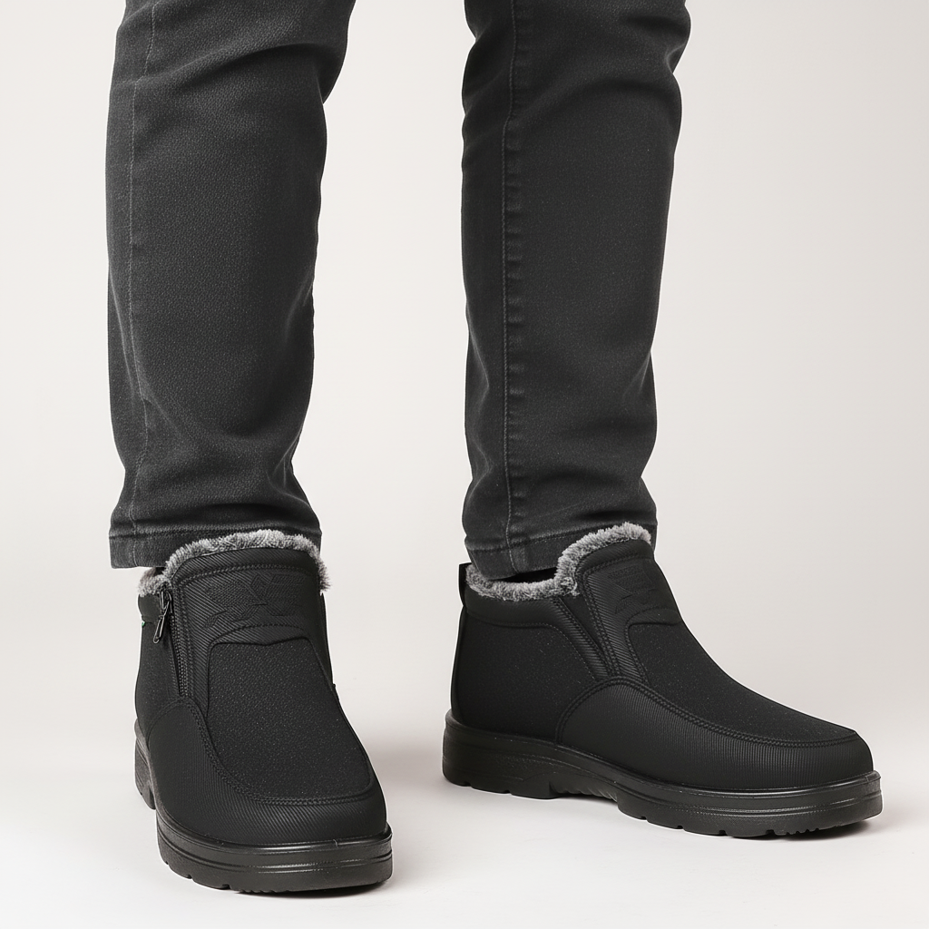Black fleece-lined snow boots with a side zip and slip-resistant sole, worn indoors