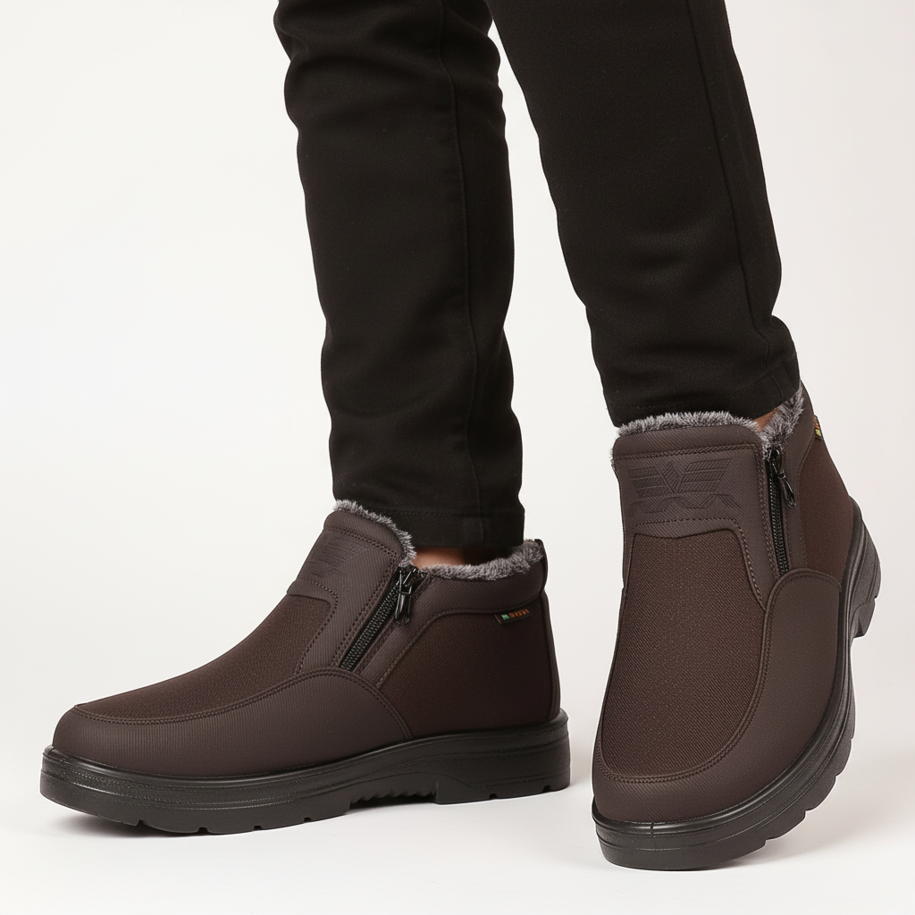 Brown fleece-lined snow boots with a side zip and slip-resistant sole, shown on feet