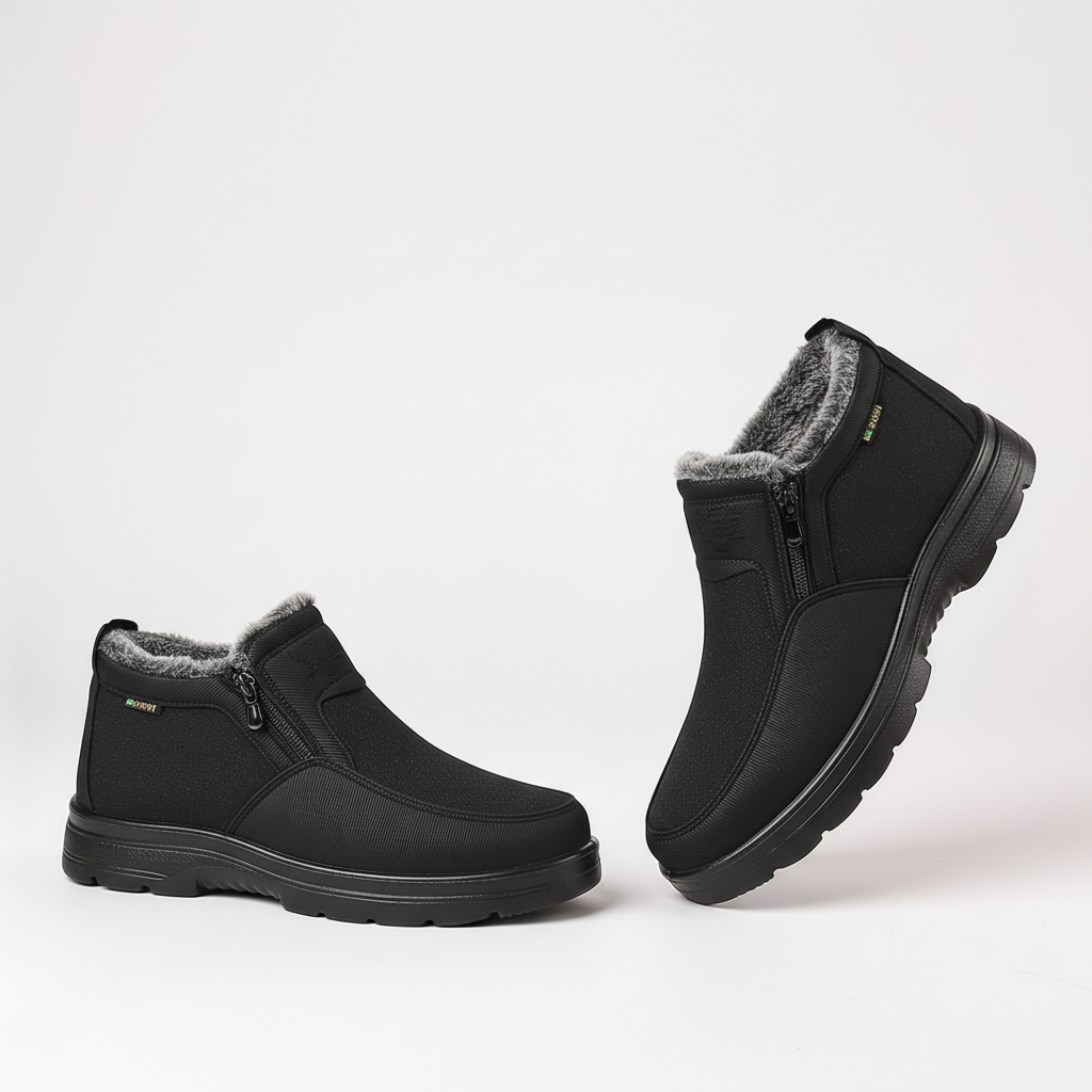 Black fleece-lined snow boots with a side zip and slip-resistant sole, shown from the side