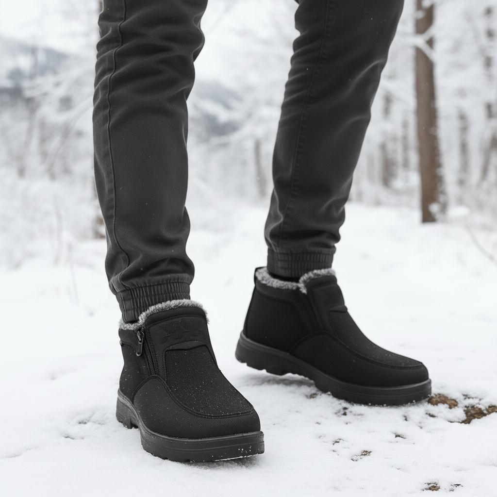 A person wearing black fleece-lined snow boots with a side zip and slip-resistant sole, standing in snow