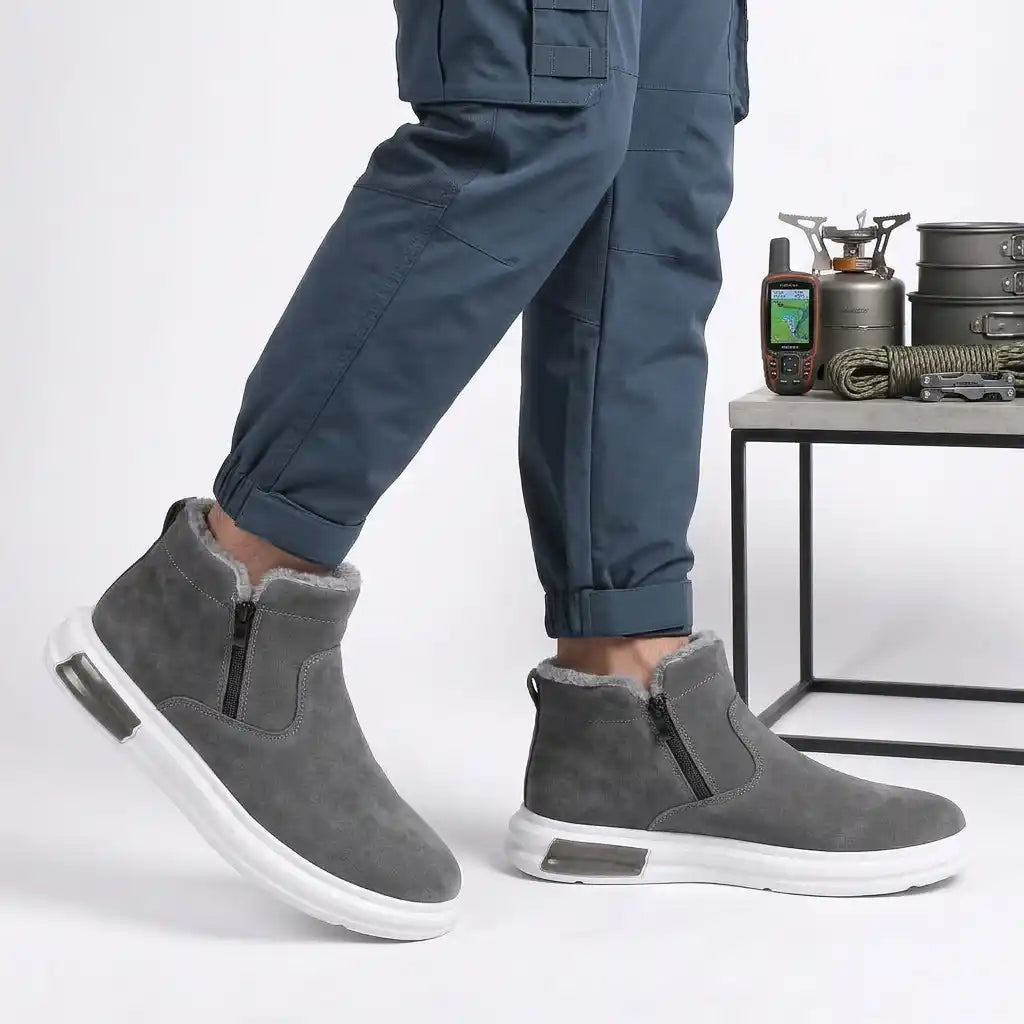 Gray fleece-lined winter ankle boot with arch support, wide toe box, and cushioned sole