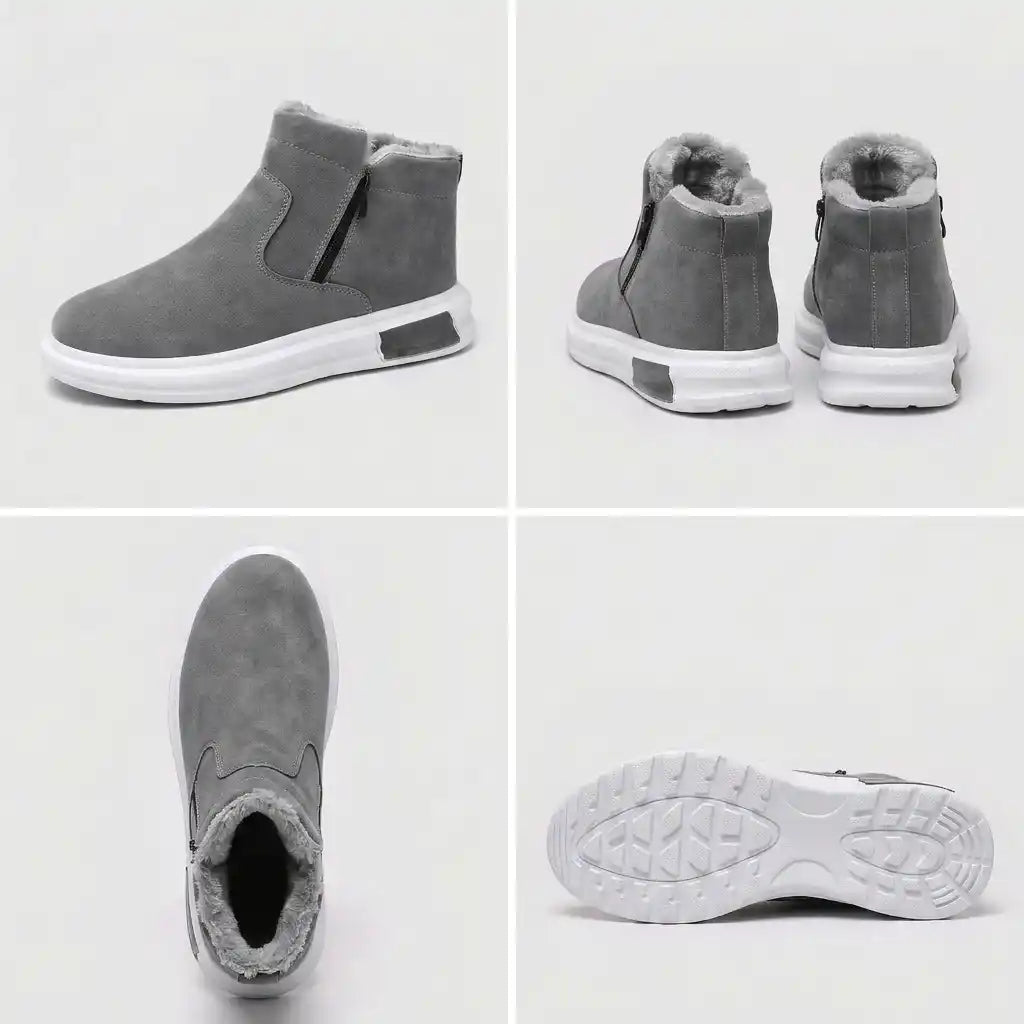 Gray fleece-lined winter ankle boots showing multiple views, insoles, and textured soles