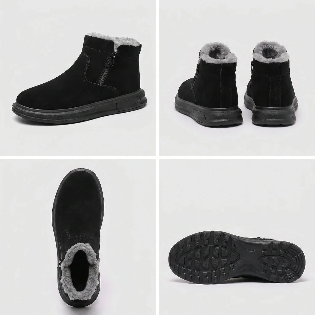 Black fleece-lined winter ankle boots showing multiple views, with arch support and wide toe box