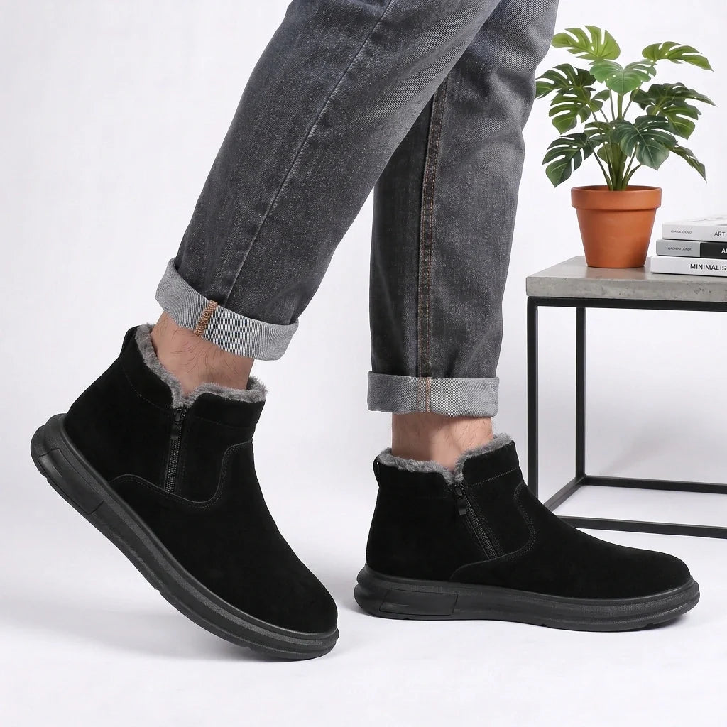 A person wearing black fleece-lined winter ankle boots with arch support and wide toe box