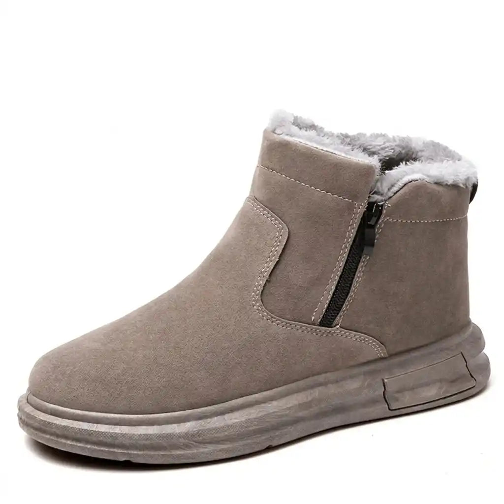 Taupe fleece-lined winter ankle boot with arch support, wide toe box, and cushioned sole