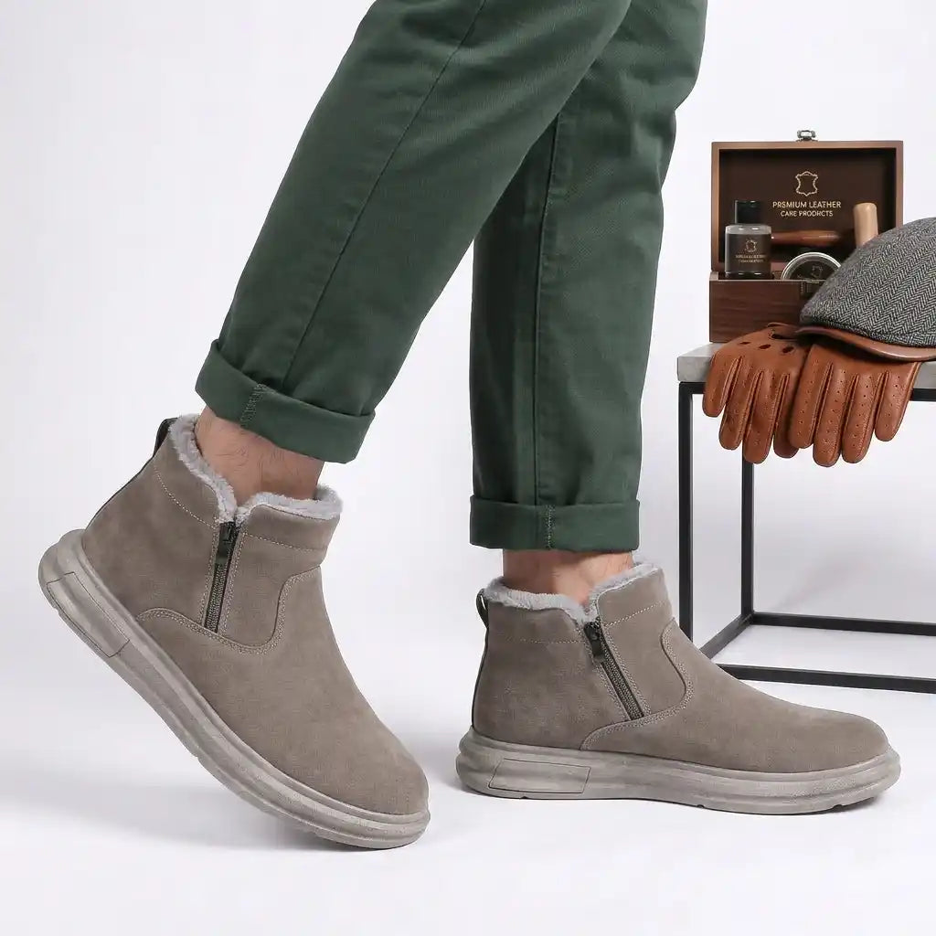 Taupe fleece-lined winter ankle boot with arch support, wide toe box, and cushioned sole