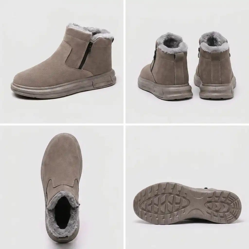 Pair of taupe fleece-lined winter ankle boots with cushioned soles and wide toe boxes
